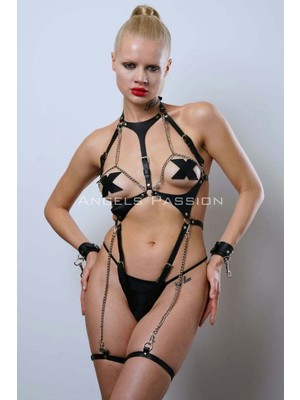 Pileli Store Zincir Detaylı Body Deri Harness, Kelepçeli Fantezi Iç Giyim - 1098