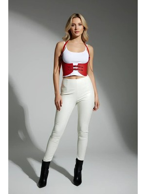 Pileli Store Kırmızı Renk Kalın Kadın Kemeri, Elbise Kemeri, Şık Deri Kemer, Deri Kemer Harness - 605
