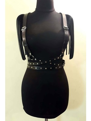 Pileli Store Omuzları Püskül Detaylı Deri Kemer, Askılı Püsküllü Deri Harness - 1004