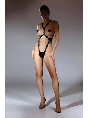 Pileli Store Arkadan Tasma Halkalı Fantazi Deri String Body Harness Takım - 1102