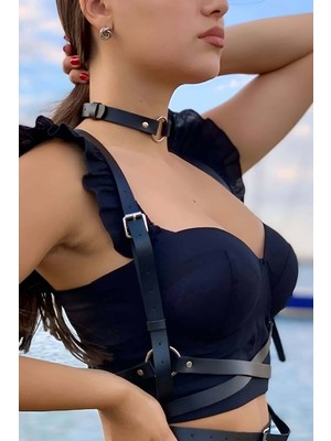 Pileli Store Deri Choker ve Kemer Harness Takım - 632