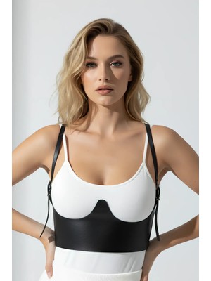 Pileli Store Göğüs Altı Detaylı Askılı Deri Korse Bel Kemeri - 614