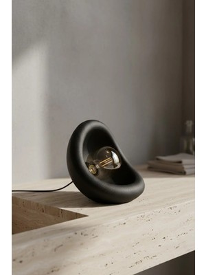 Beta Moda Hub Modern Beton Dokulu Abajur | Organik Oval Gece Lambası (Masaüstü Komodin Lambası) 25 cm