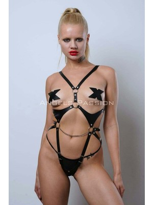 Pileli Store Ağ Bölgesi Açık Deri Body Harness, Deri Fantezi Giyim, Clubwear - 1170
