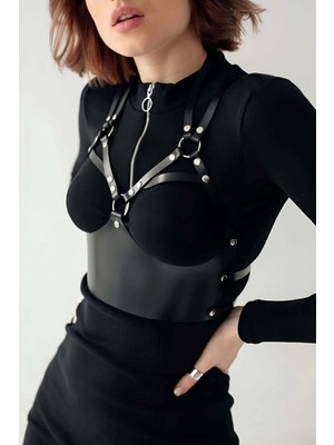 Pileli Store Deri Harness Büstiyer, Şık Deri Korse - 872