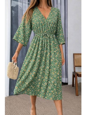 Modayız Kadın Yeşil Desenli Yazlık V Yaka Kısa Kol Beli Lastikli Diz Altı Elbise 10C-2375
