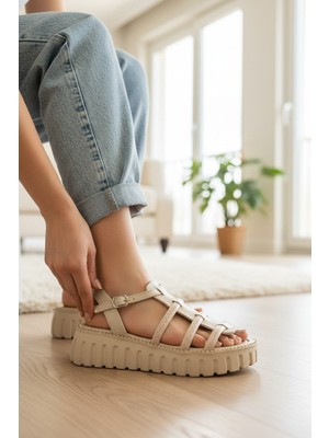 Enoch Kadın Kafes Örgü Detaylı Zikzak Dikişli Kalın Taban Sandalet