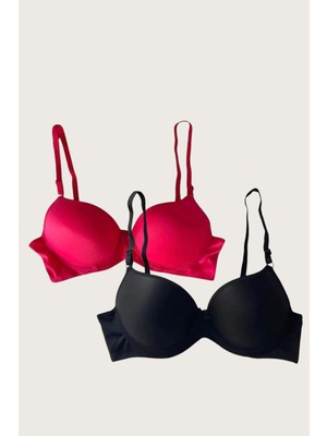 Pileli Store Siyah-Kırmızı 2'li Mikro Kumaş Push Up Dolgulu Balenli Günlük Destekli Sütyen