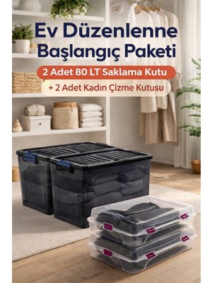 Loremp 80 Lt Tekerlekli Antrasit Kilitli Saklama Kutusu 2 Adet + 2 Adet Kadın Çizme Kutusu Ev Düzenleme