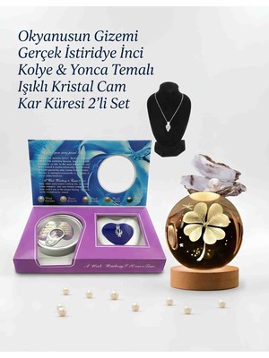 Wolawood Gerçek Īstiridye Înci Kolye Hediye Seti & Işıklı Yonca Kristal Cam Kar Küresi 2'li Set Premium Hediyelik Takım