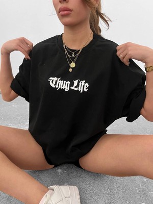 Kadın Bisiklet Yaka Baskılı Oversize  Kısa Kol T-Shirt - Siyah