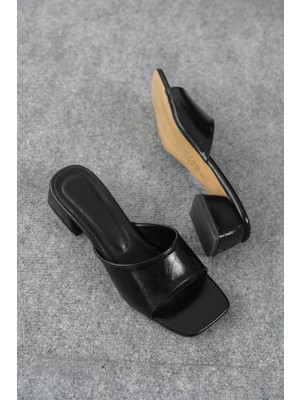 Kadın Vinor Kısa Topuklu Terlik - Siyah-Rugan