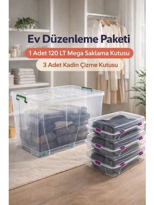 Loremp 120 Lt Mega Tekerlekli Şeffaf Kilitli Saklama Kutusu 1 Adet + 3 Adet Kadın Çizme Kutusu Düzenleyici