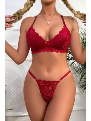 Pileli Store Kadın Bordo Sırtı Dantel ve Ip Detaylı Şık Sütyen Külot Takımı