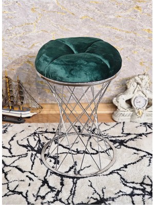 Sevinç Mobilya Yuvarlak Krom Kaplama Yeşil Puf Oturak - Bench - Ayak Ucu Oturak - Tabure - Makyaj Oturak