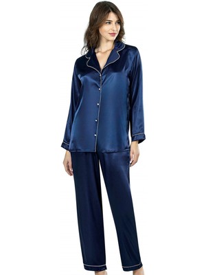 Pileli Store Lacivert Ikili Saten Gecelik Pijama Takımı 7647