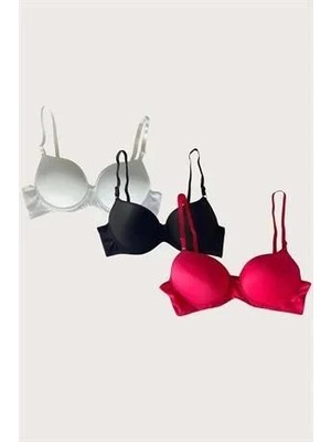 Pileli Store  Beyaz-Siyah-Kırmızı 3'lü Mikro Kumaş Push Up Dolgulu Balenli Günlük Destekli Sütyen