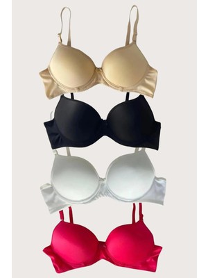 Pileli Store  Siyah-Beyaz-Kırmızı-Ten 4'lü Dolgulu Push Up Micro Balenli Günlük Tek Destekli Sütyen