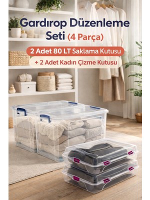 Loremp 80 Lt Tekerlekli Şeffaf Kilitli Saklama Kutusu 2 Adet + 2 Adet Kadın Çizme Kutusu Ev Düzenleme
