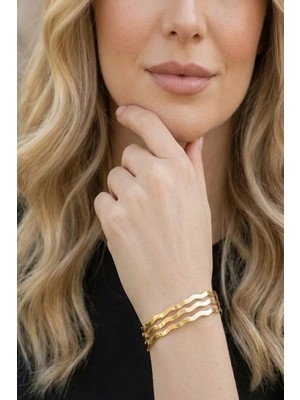 Caş Dekorasyon Altın Renk 3'lü Zikzak Çelik Ajda Bilezik