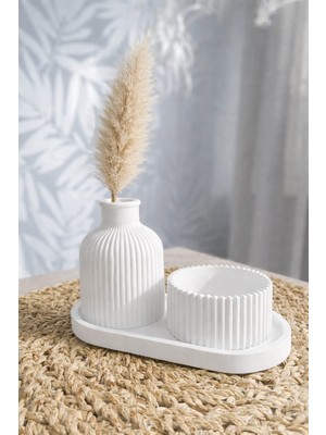 Lenisa Home Lenisa Taş Tozu Set Iskandinav Vazo Mumluk ve Alt Tepsi Dekoratif
