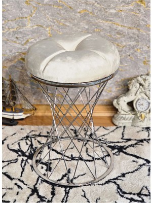 Sevinç Mobilya Yuvarlak Krom Kaplama Krem Puf Oturak - Bench - Ayak Ucu Oturak - Tabure - Makyaj Oturak