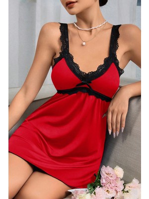 Pileli Store Kadın Kırmızı Dantel Asılı Fiyonk Detaylı Gecelik Takımı