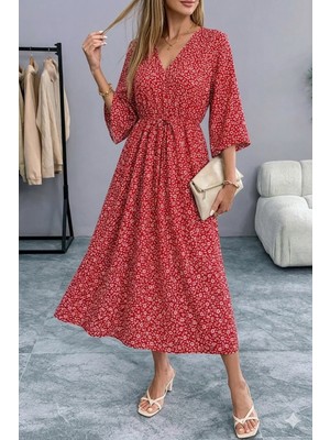 Modayız Kadın Kırmızı Desenli Yazlık V Yaka Kısa Kol Beli Lastikli Diz Altı Elbise 10C-2374