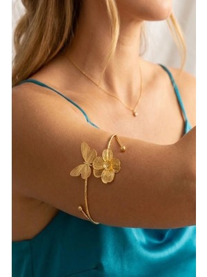 Caş Dekorasyon Altın Renk Çiçekli ve Kelebekli Bileklik Kol Aksesuarı