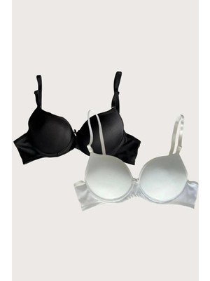Pileli Store  Siyah-Beyaz 2'li Mikro Kumaş Push Up Dolgulu Balenli Günlük Destekli Sütyen