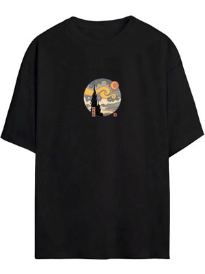 Kadın Baskılı Oversize  Kısa Kol T-Shirt - Siyah