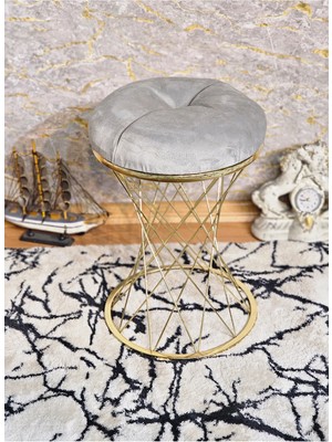 Sevinç Mobilya Yuvarlak Gold Kaplama Gri Puf Oturak - Bench - Ayak Ucu Oturak - Tabure - Makyaj Oturak