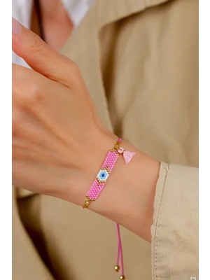 Kübüşün Atölyesi KA-024 Miyuki Bileklik - Püsküllü Tam Nazar Serisi - Pembe