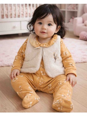 Kız Bebek Peluş Yelekli Çiçek Desenli Fitili Kumaş Ikili Takım