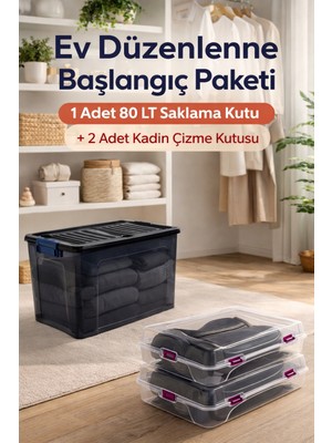 Loremp 80 Lt Tekerlekli Antrasit Kilitli Saklama Kutusu 1 Adet + 2 Adet Kadın Çizme Kutusu Düzenleyici