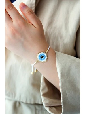 Kübüşün Atölyesi KA-007 Miyuki Bileklik - Yuvarlak Nazar Serisi - Büyük - Beyaz