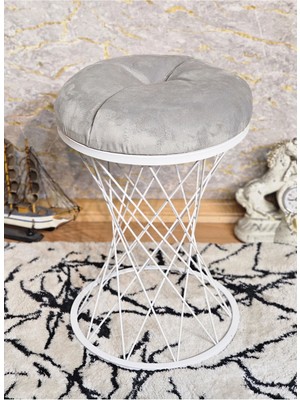 Sevinç Mobilya Yuvarlak Beyaz Boyalı Gri Puf Oturak - Bench - Ayak Ucu Oturak - Tabure - Makyaj Oturak