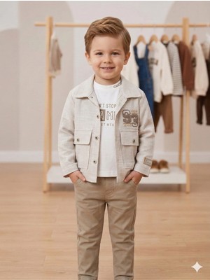 Vavbaby Erkek Çocuk Bej Keten Görünümlü Gömlek Ceket Tshirt Pantolon 3’li Takım