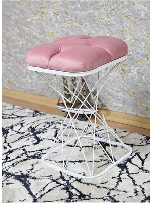 Sevinç Mobilya Kare Beyaz Boyalı Pembe Puf Oturak - Bench - Ayak Ucu Oturak - Tabure - Makyaj Oturak