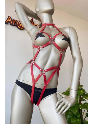 Pileli Store Kırmızı Deri Dansçı Özel Harness