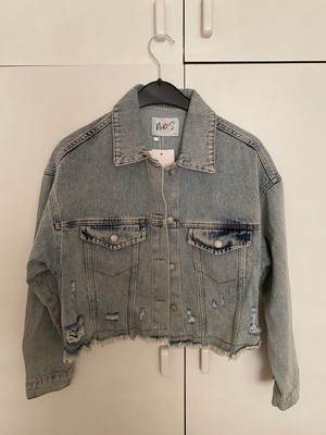 Gisel Butik Kadın Açık Mavi Yıkamalı Yırtık Detaylı Rahat Kesim Kot Ceket