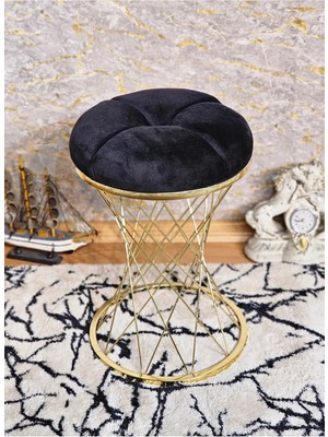 Sevinç Mobilya Yuvarlak Gold Kaplama Siyah Puf Oturak - Bench - Ayak Ucu Oturak - Tabure - Makyaj Oturak