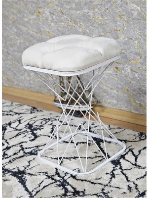 Sevinç Mobilya Kare Beyaz Boyalı Krem Puf Oturak - Bench - Ayak Ucu Oturak - Tabure - Makyaj Oturak