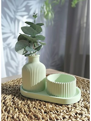 Lenisa Home Lenisa Taş Tozu Set Iskandinav Vazo Mumluk ve Alt Tepsi Dekoratif