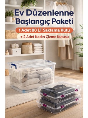 Loremp 80 Lt Tekerlekli Şeffaf Kilitli Saklama Kutusu 1 Adet + 2 Adet Kadın Çizme Kutusu Ev Düzenleme