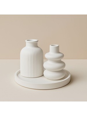 Lenisa Home 3'lü Set Iskandinav Vazo Boğumlu Vazo Alt Tabak Taş Tozu Dekor
