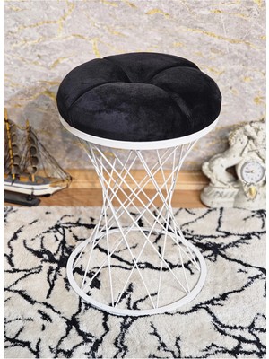 Sevinç Mobilya Yuvarlak Beyaz Boyalı Siyah Puf Oturak - Bench - Ayak Ucu Oturak - Tabure - Makyaj Oturak