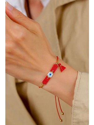 Kübüşün Atölyesi KA-024 Miyuki Bileklik - Püsküllü Tam Nazar Serisi - Kırmızı