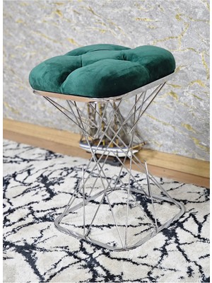 Sevinç Mobilya Kare Krom Kaplama Yeşil Puf & Bench - Puf Oturak - Bench - Ayak Ucu Oturak - Tabure - Makyaj Oturak