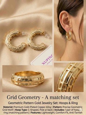 Gülardata Xuping 18K Geometrik Altın Kaplama Kararmaz Premium Halka Görünümlü Çelik Küpe